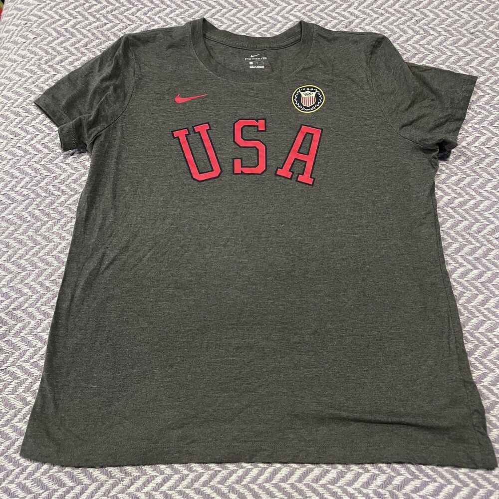 Nike Tee USA Olympic Womens Large Gray Red Logo Short Sleeve T Shirt